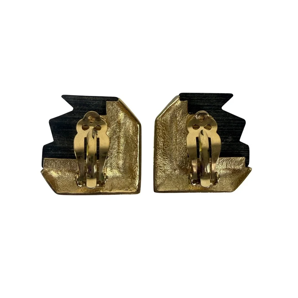 Vintage Geometric Gold Tone Black Resin Clip On Earrings Modernist 80s Statement